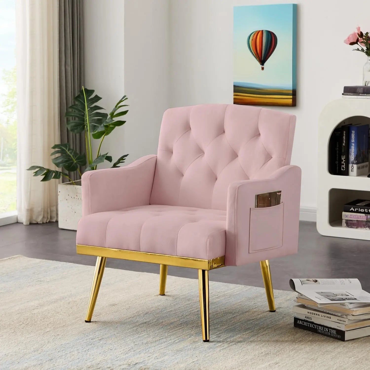 Small Velvet Loveseat Sofa with Gold Legs & Side Pockets