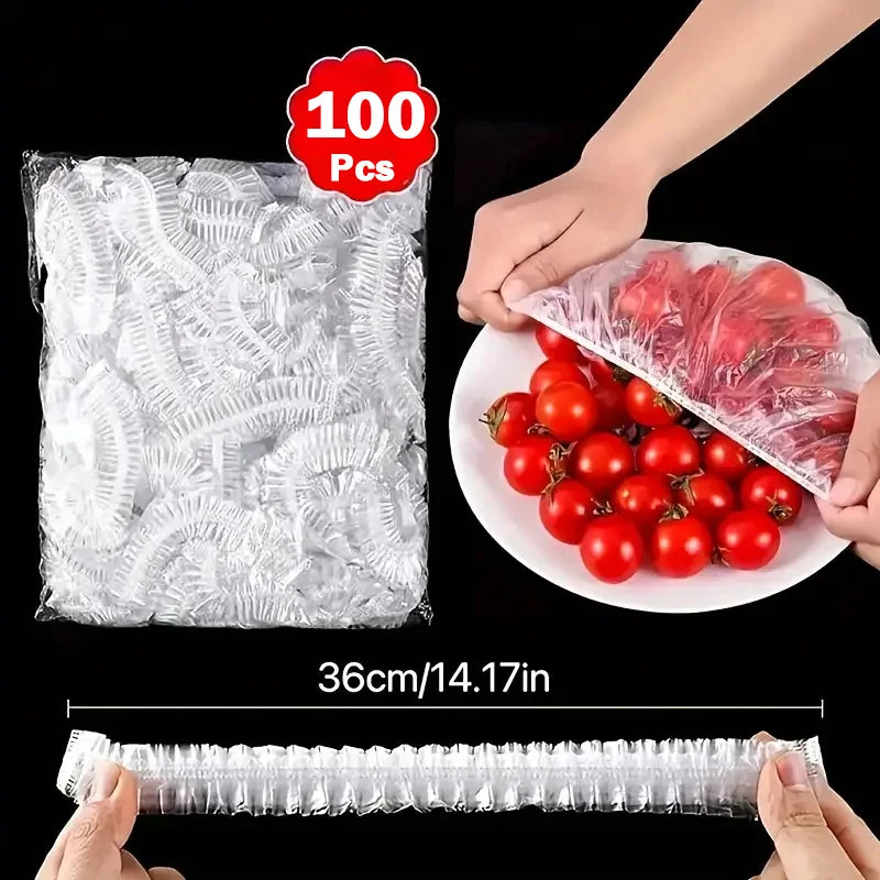 100pcs Disposable Food Covers – Stretch Plastic Wrap for Bowls