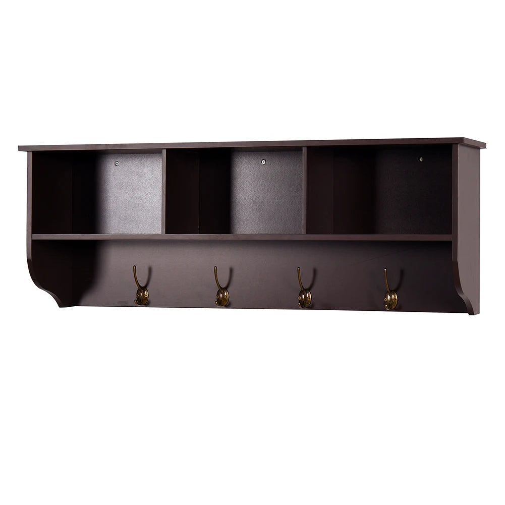 Rustic Wood Wall-Mounted Coat Rack with Shelf & 4 Dual Hooks