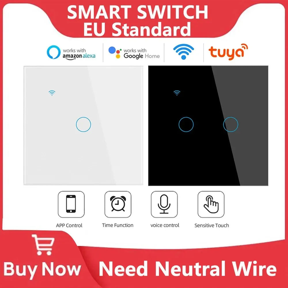 WiFi Touch Light Switch EU – 1/2/3/4 Gang, Tuya & Alexa Compatible