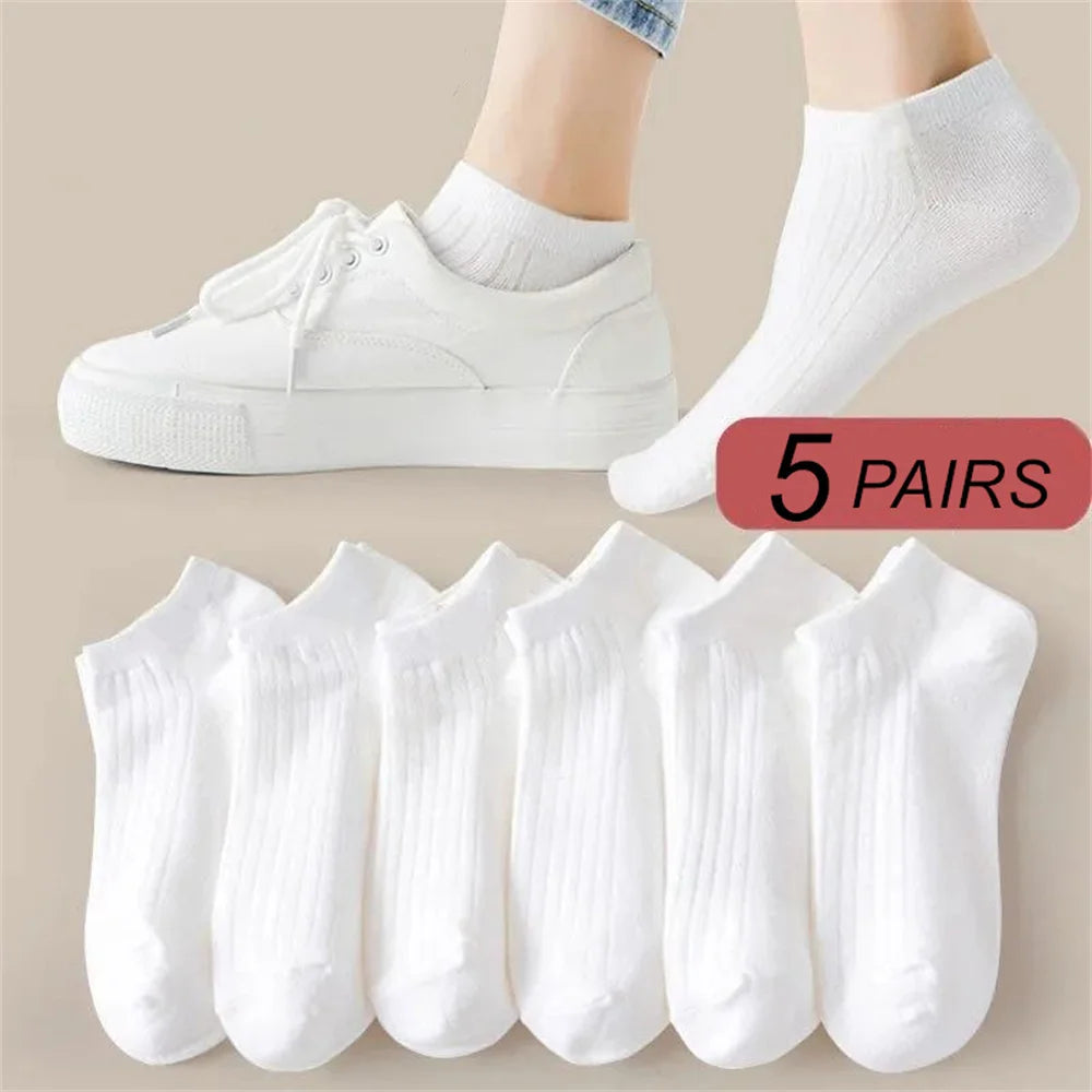 5 Pairs Women's Cotton Ankle Socks – Low-Cut, White (EU 36-42)